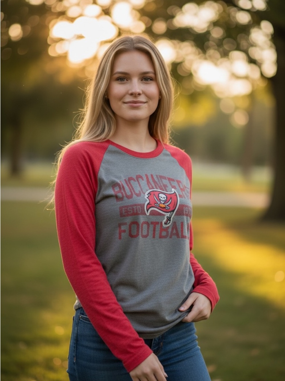 NFL Woman’s Tampa Bay Buccaneers Red and Gray Long Sleeve Tee Medium
